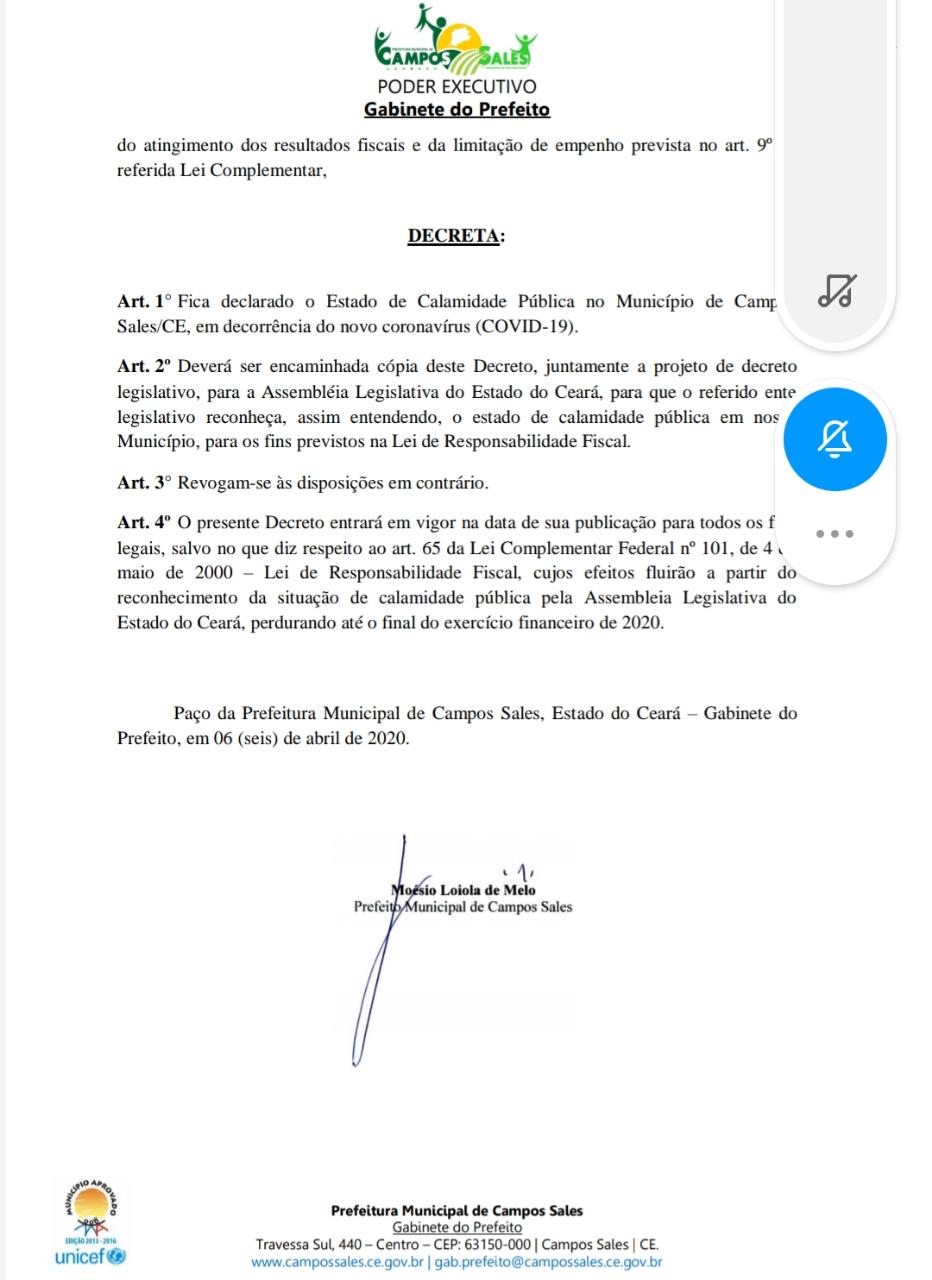 MUNICÍPIO DE CAMPOS SALES DECRETA ESTADO DE CALAMIDADE PÚBLICA